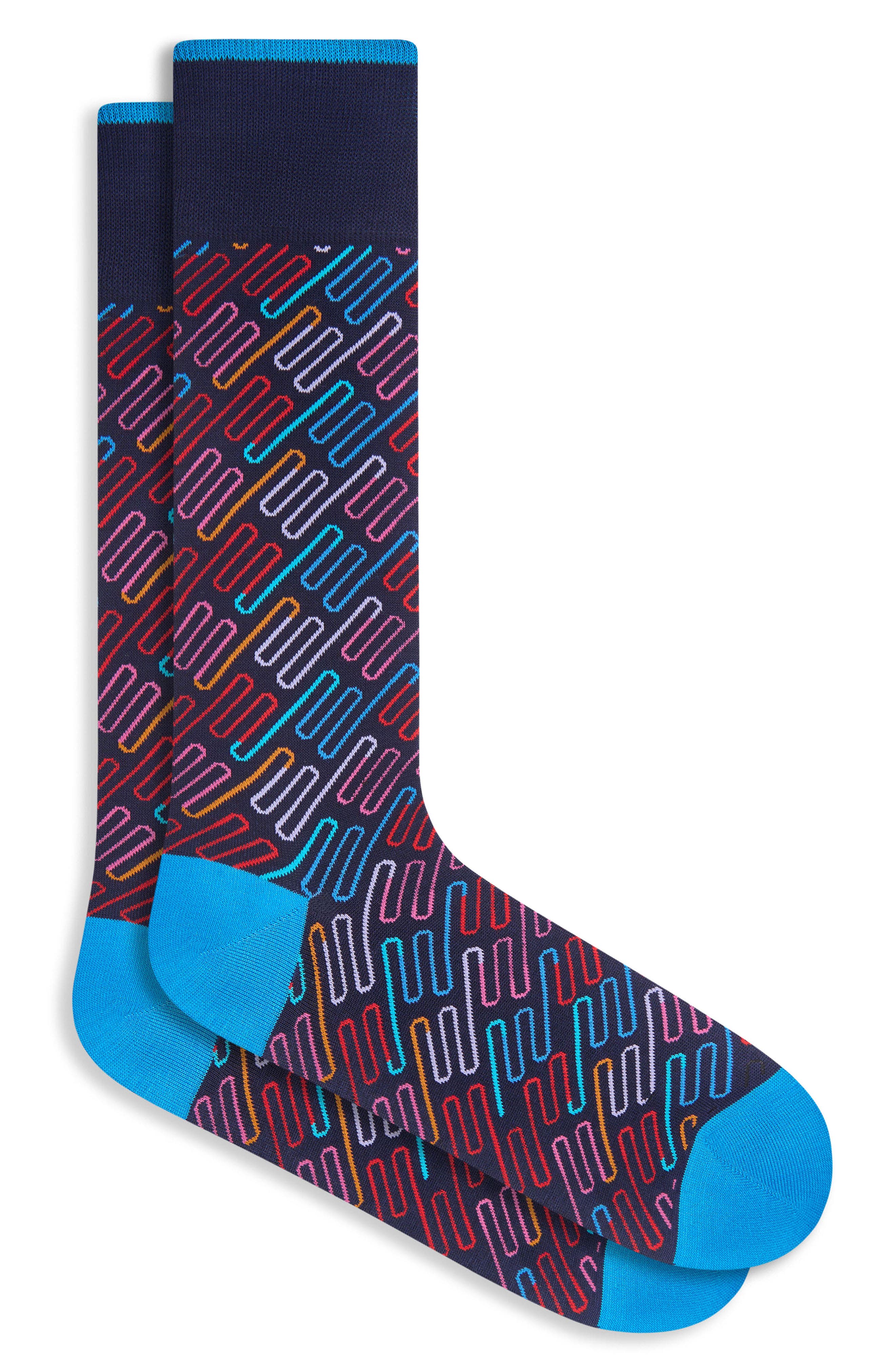 Bugatchi Squiggle Pattern Mercerized Cotton Blend Dress Socks in Navy 