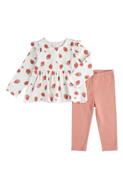 Shop Firsts By Petit Lem Strawberry Print Ruffle Top & Leggings Set In Off White