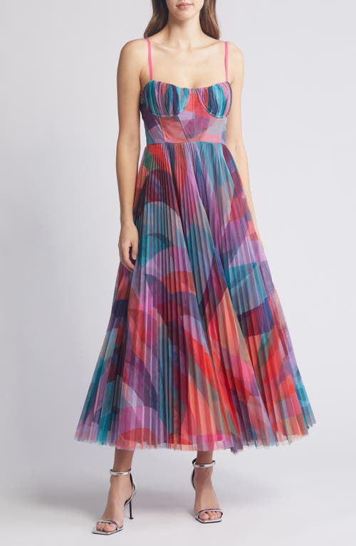Amara Floral Bustier Pleated Fit & Flare Dress in Rainbow Waves
