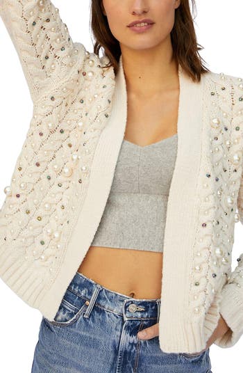 Cotton knit yellow cardigan with pearl trim – Self-same