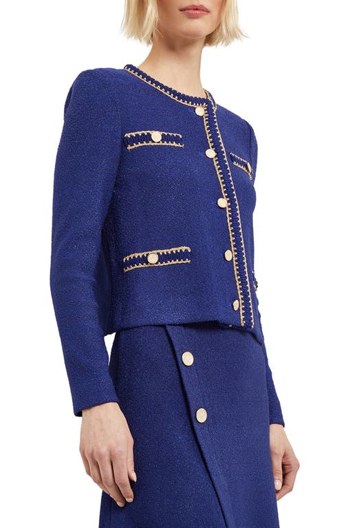 Shop Misook Metallic Trim Bouclé Sweater Jacket In Starry Night Blue