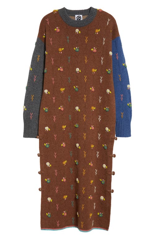 Shop Yanyan Daisy Embroidered Colorblock Long Sleeve Lambswool Sweater Dress In Hazelnut Multi