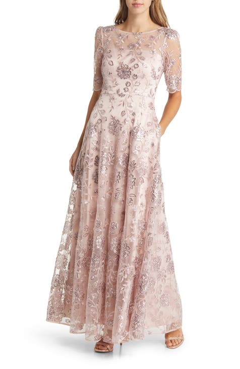 Sequin Floral Illusion Lace Fit & Flare Gown