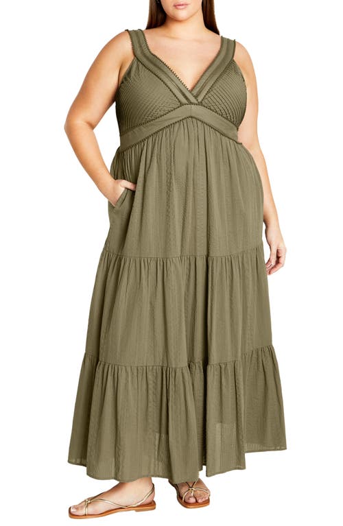 Shop City Chic Bella Tiered Cotton Maxi Sundress In Olive