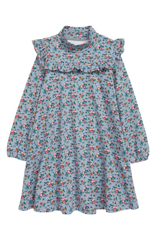 Mini Boden Kids' Floral Mock Neck Stretch Cotton Trapeze Dress In Dusty Blue Flower Bouquet