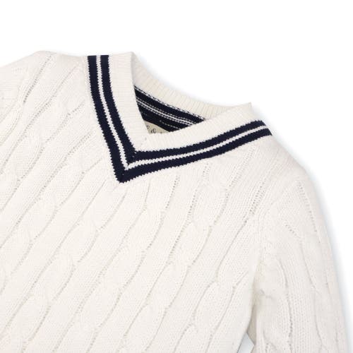 Hope & Henry Baby Girls' Ruffle Cuff Cricket Sweater, Infant In Soft White Cable With Navy