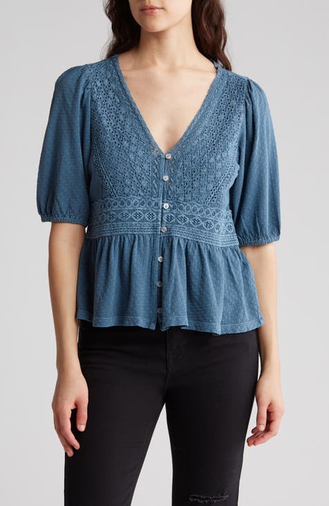 Lucky Brand Women's Tonal Embroidered Square Neck Blouse