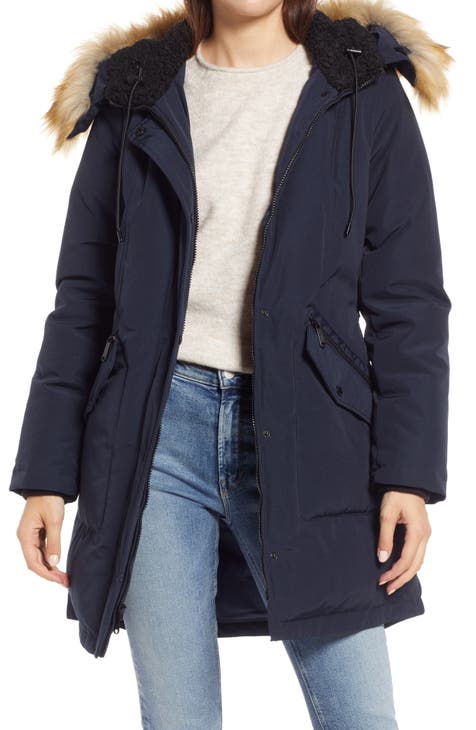 Women S Blue Fur Faux Coats, Navy Blue Coat With Fur Hood