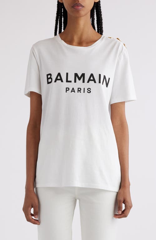 Balmain Button Shoulder Cotton Logo Graphic T-shirt In Gab White/black