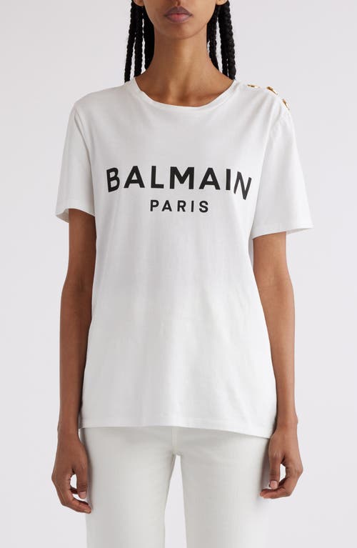 Shop Balmain Button Shoulder Cotton Logo Graphic T-shirt In Gab White/black