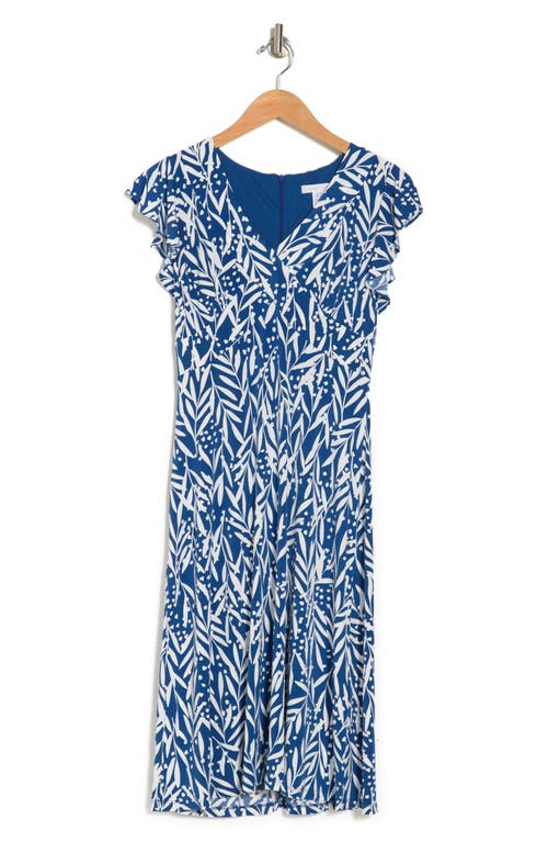 Shop London Times V-neck Ruffle Midi Dress In Blue/white
