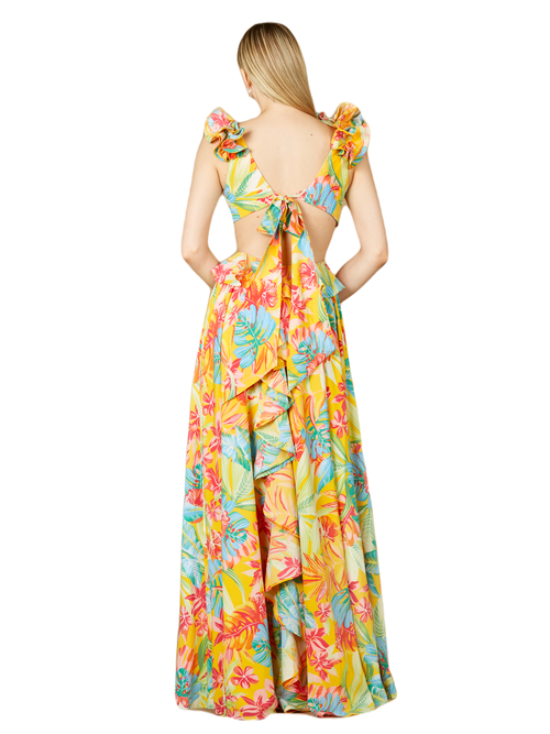 Shop Lara New York V-neck Long Print Gown With Ruffled Straps In Yellow