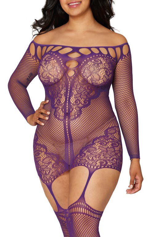 Fishnet Garter Dress with Thigh High Stockings in Aubergine