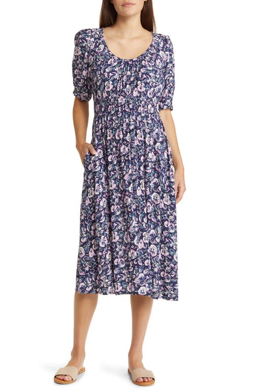 caslon(r) Puff Sleeve Shirred Waist Dress in Navy Peacoat Leandra Floral