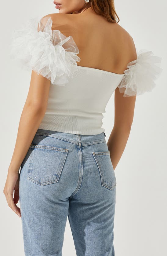 Shop Astr The Label Calla Off The Shoulder Tulle Sleeve Sweater In White