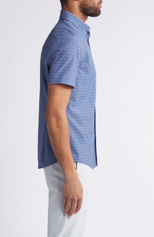 Shop Mizzen + Main Mizzen+main Leeward Trim Fit Print Short Sleeve Performance Button-up Shirt In Coastal Fjord Fern Geo