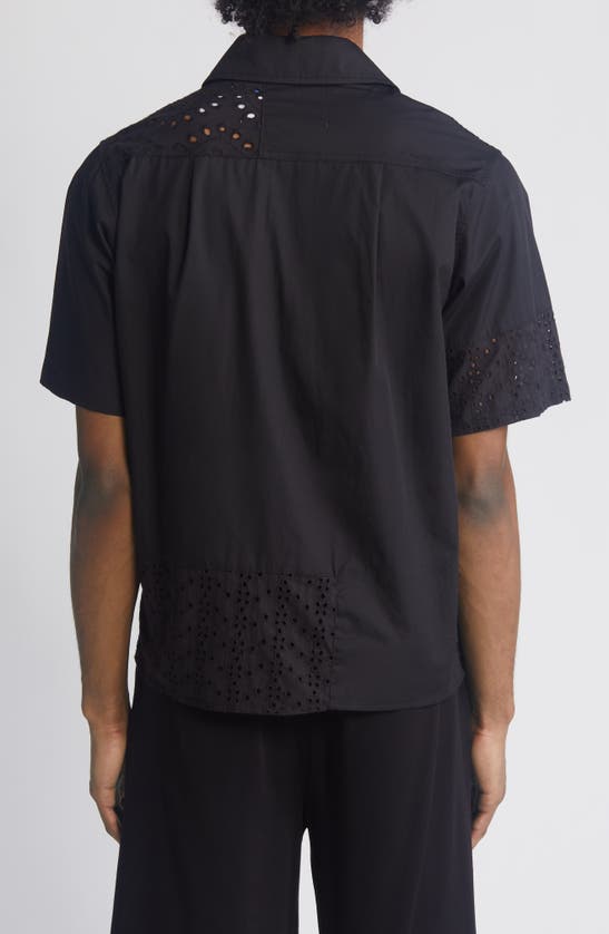 Shop Jungles Eyelet Short Sleeve Cotton Button-up Shirt In Black
