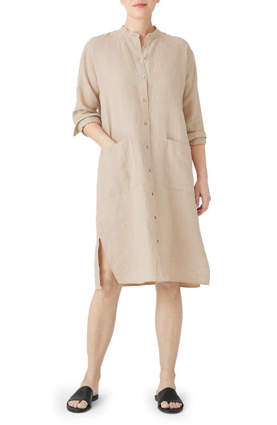 Eileen Fisher Mandarin Collar Long Sleeve Organic Linen Shirtdress In Undyed Natural