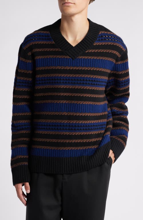 Wax London Scafell Stripe Wool V-Neck Sweater in Black /Blue 