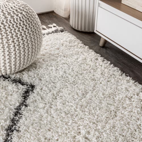 Jonathan Y Mercer Shag Plush Tassel Moroccan Geometric Trellis Denim Area Rug In Cream/gray