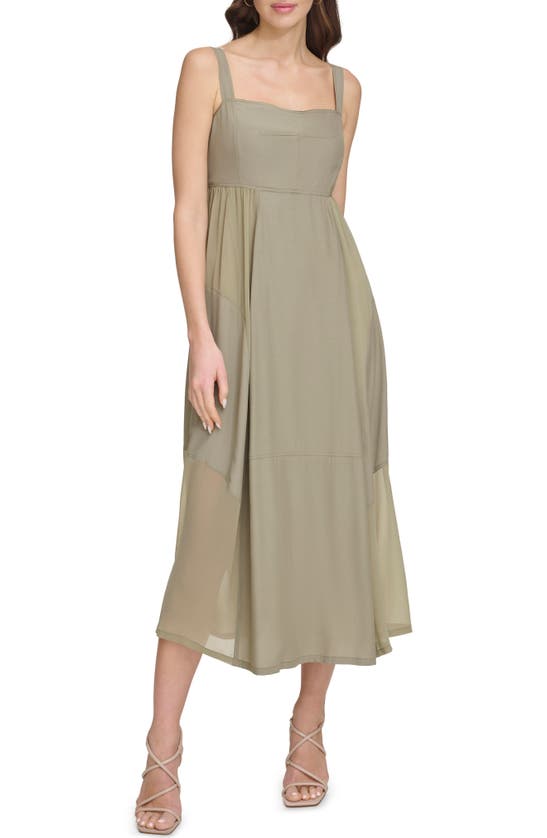 Shop Dkny Paneled Mixed Media Midi Dress In Light Fatigue