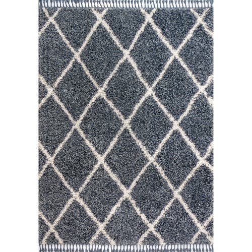Jonathan Y Mercer Shag Plush Tassel Moroccan Geometric Trellis Denim Area Rug In Denim Blue/cream