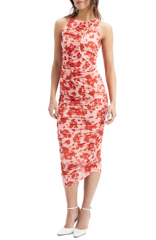 Felicia Floral Ruched Mesh Midi Dress in Red Floral