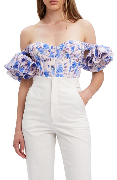 Bardot Sigma Floral Off the Shoulder Corset Crop Top in Lilac Blue Floral