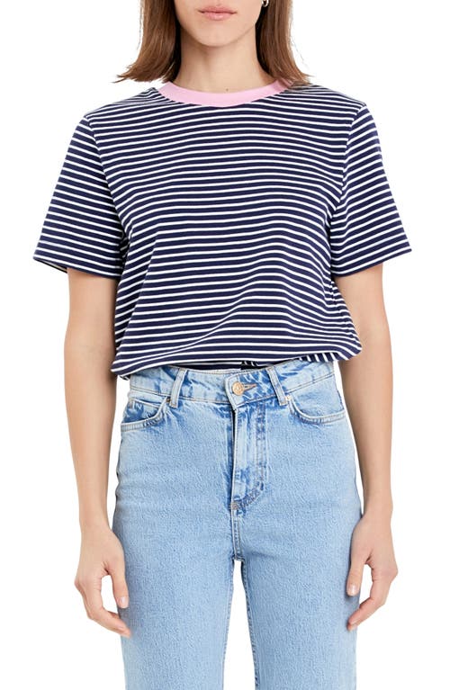 Stripe Cotton Ringer T-Shirt in Navy/Pink