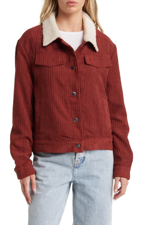 Corduroy Trucker Jacket with Faux Shearling Trim in Brick