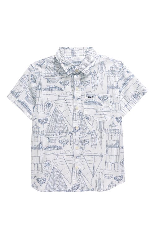 vineyard vines Kids' Blueprint Short Sleeve Cotton Madras Button-Up Shirt Marina White Cap at