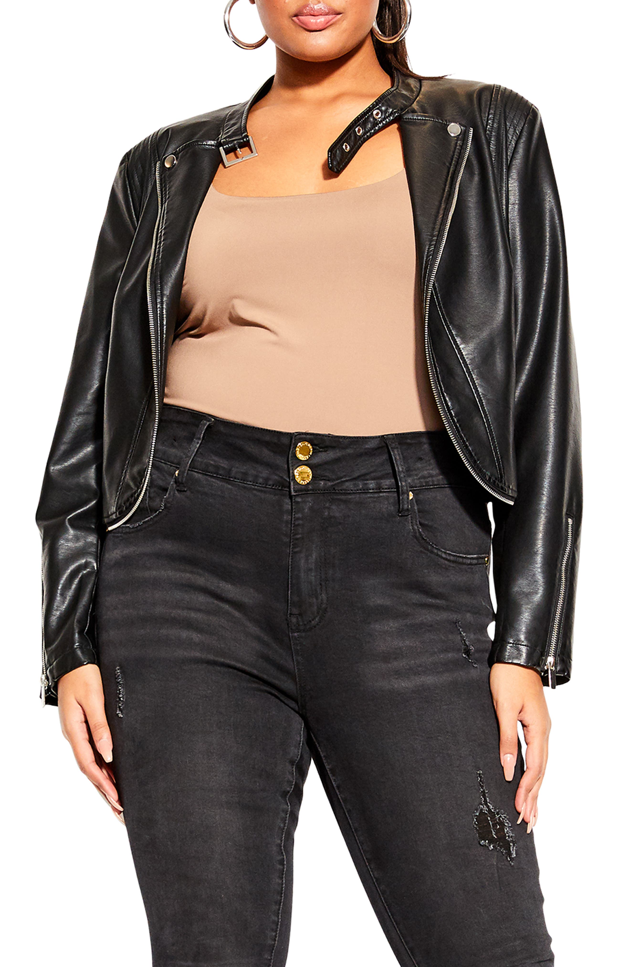 City Chic Womens Biker Black Faux Leather Jacket Outerwear Plus 14 XS BHFO 7864 