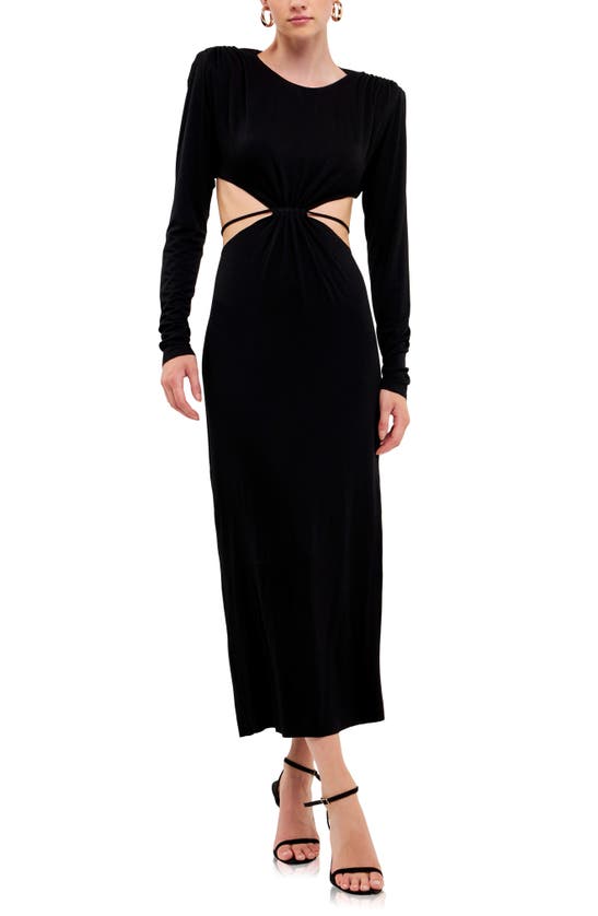 Grey Lab Cutout Waist Long Sleeve Cotton Dress In Black
