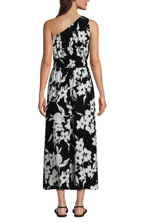 Shop Lands' End Petite One Shoulder Crepe Midi Dress In Black Painted Flower