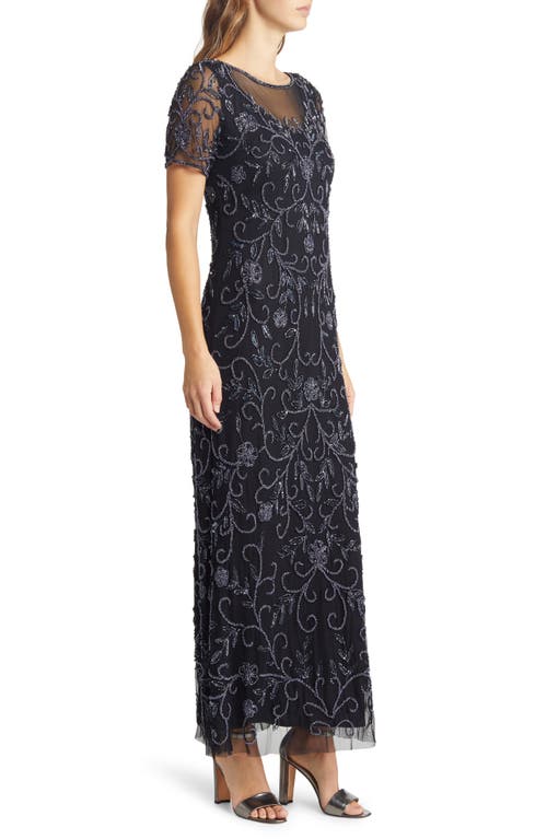 Shop Pisarro Nights Floral Beaded Short Sleeve A-line Gown In Black/gunmetal