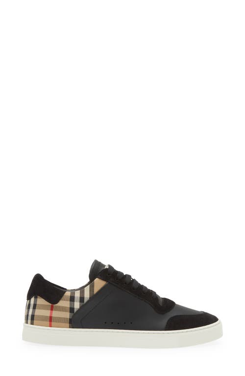 Burberry Black Sneakers With Suede Details And Check Motif In Leather Blend Man In Black/arbeige Ip Chk