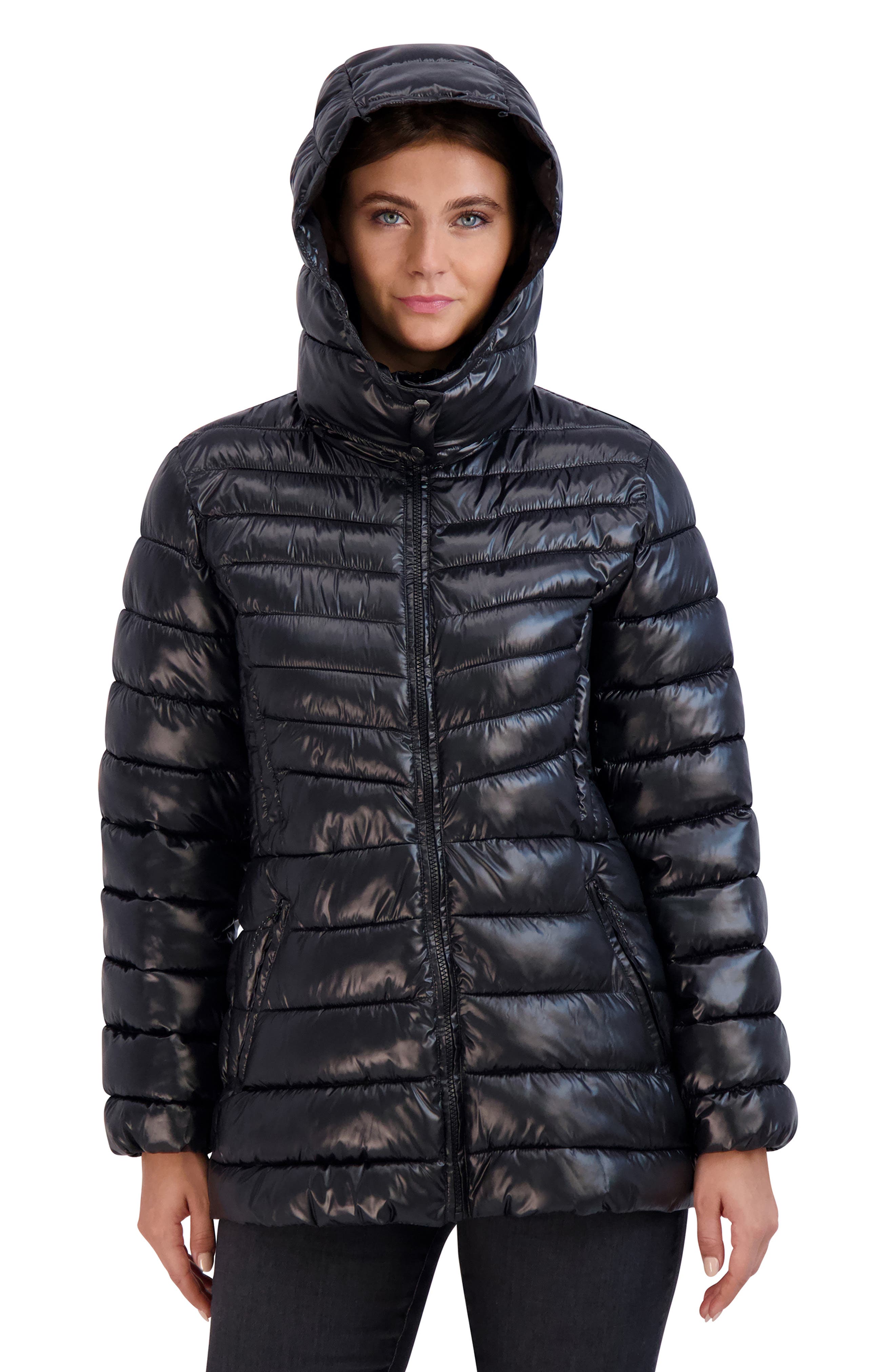 Cole Haan Signature Pearlized Mixed Quilt Hooded Puffer Coat in Black Smart Closet