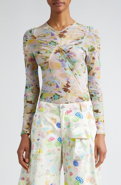 Arc Ruched Long Sleeve Mesh Top in Flower Puzzle