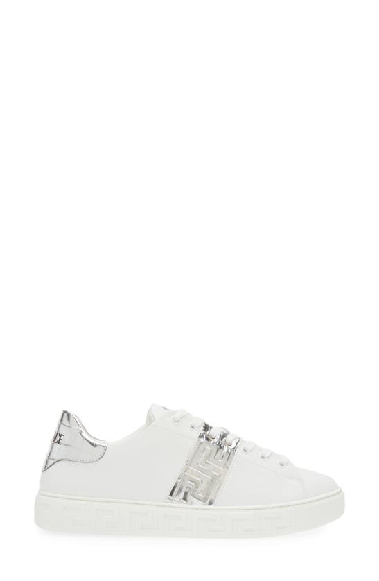 Shop Versace Greca Croc Embossed Panel Sneaker In White Silver Palladium
