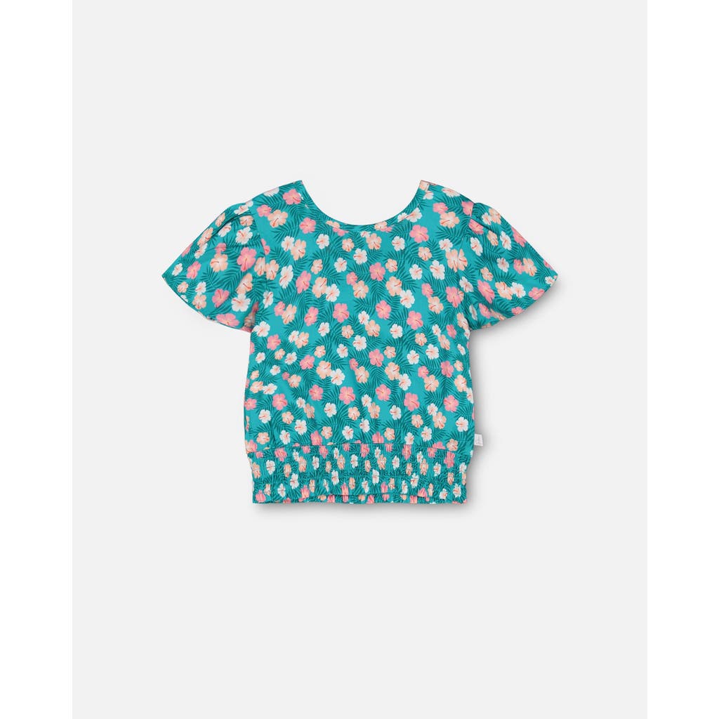 Deux Par Deux Little Girl's Smocked Waist Viscose Blouse Turquoise In Printed Small Ibiscus