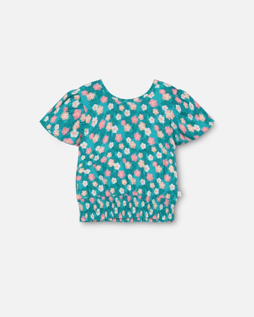 Deux Par Deux Girl's Smocked Waist Viscose Blouse Turquoise In Printed Small Ibiscus