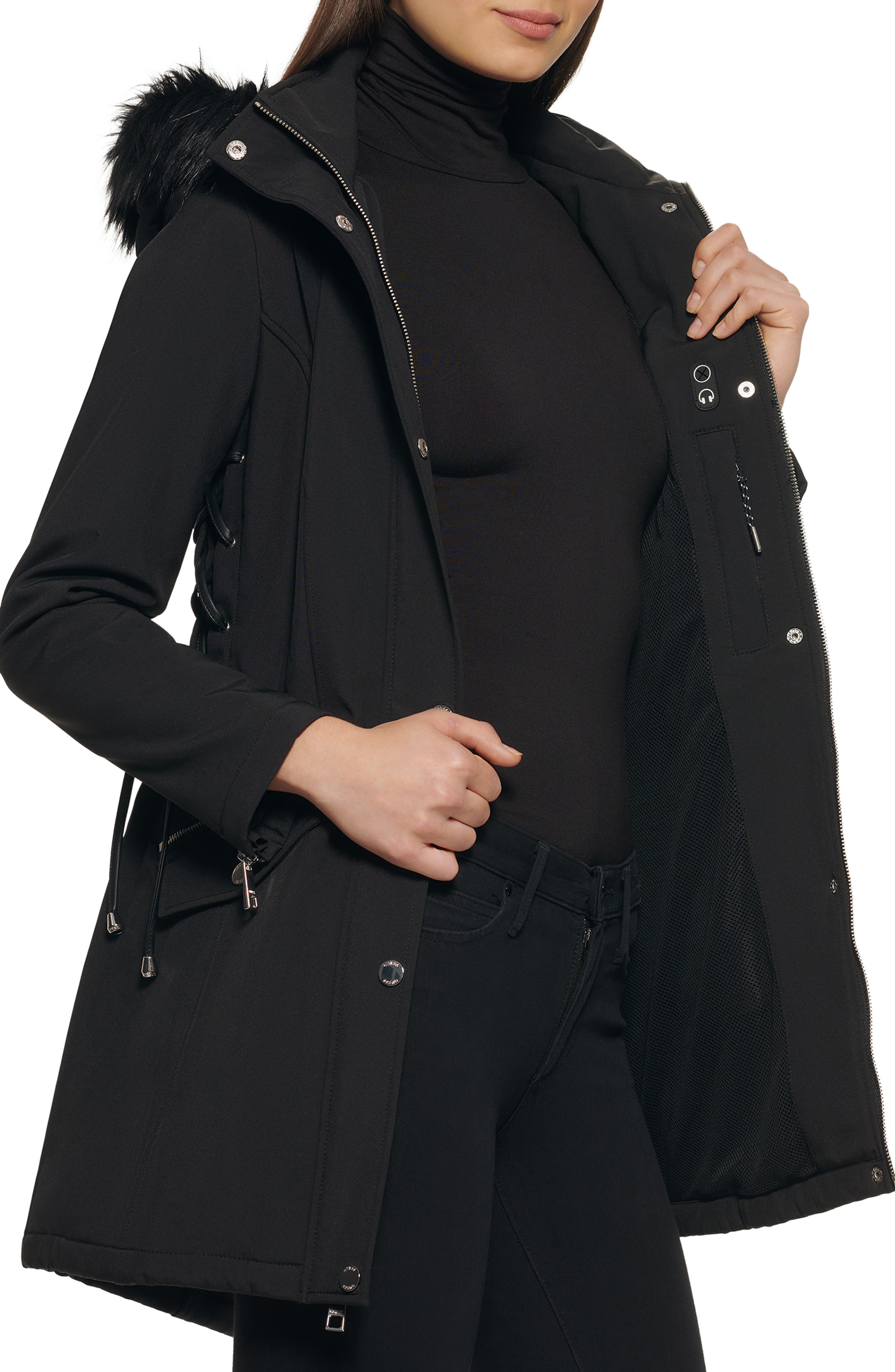 GUESS Faux Fur Trim Hooded LaceUp Side Softshell Jacket Nordstromrack