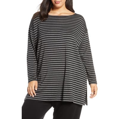 Plus Size Eileen Fisher Bateau Neck Stripe Top, Grey