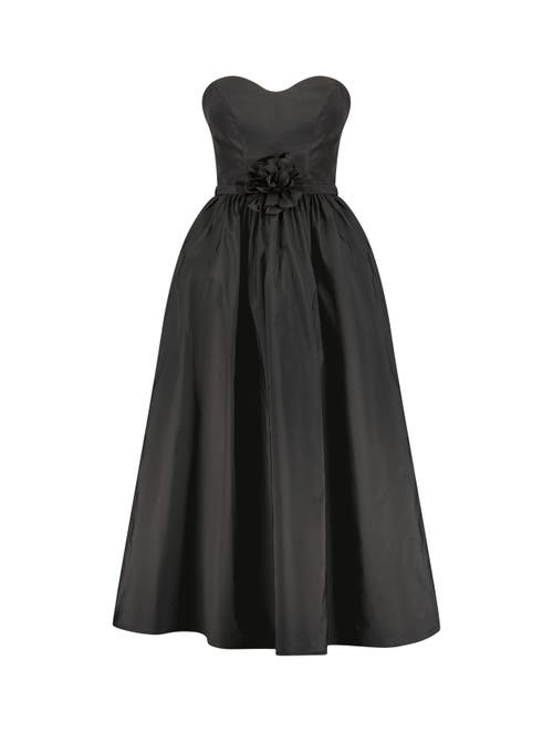 Mac Duggal Strapless Faille A-line Rose Detailed Midi Dress In Black