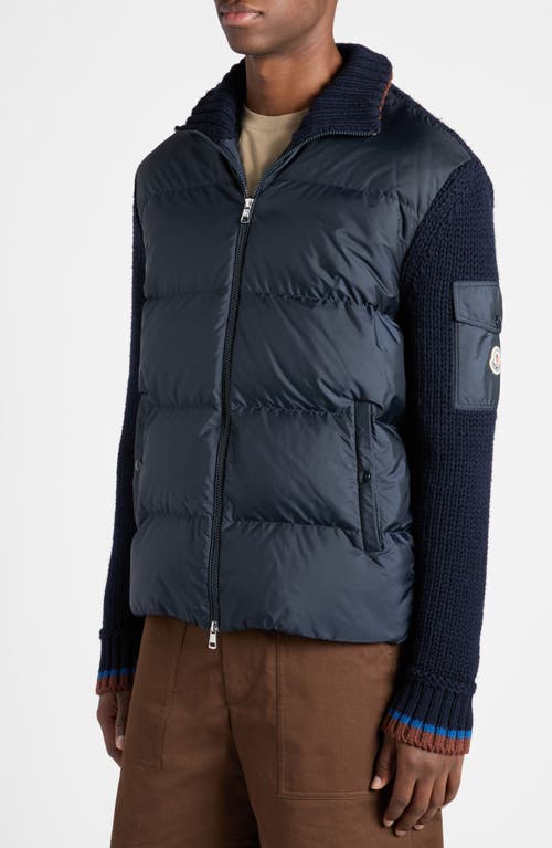 Moncler Quilted Front Cardigan Knitted Sleeves In Greyish Navy