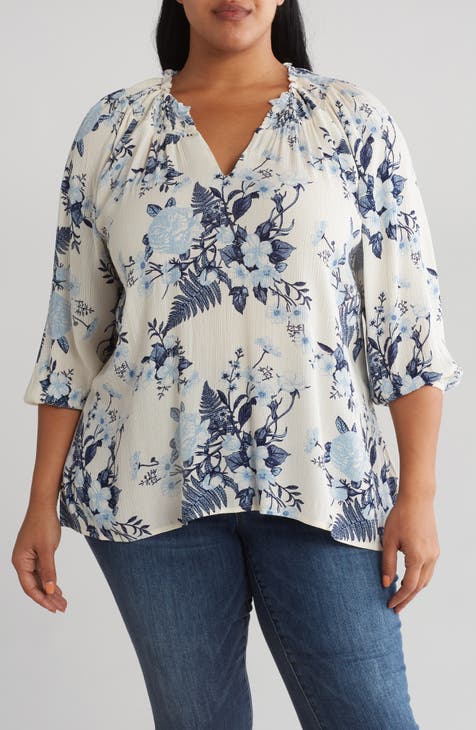 Ruby Rd. Plus Size Tropical Print Square Neck 3/4 Sleeve Top