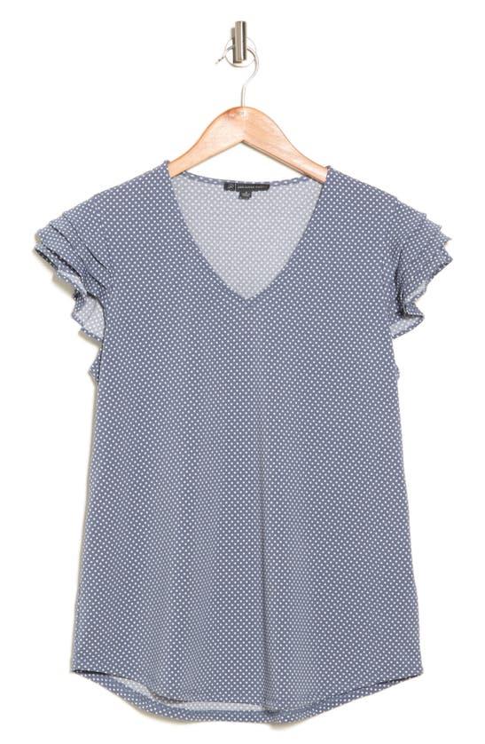 Adrianna Papell Ruffle Sleeve V-neck Top In Dusty Blue Small Dot