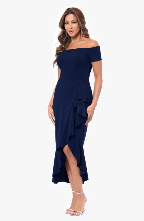 Shop Xscape Evenings Off The Shoulder Midi Cocktail Dress In Navy