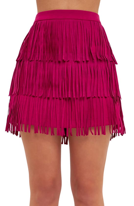 Shop Endless Rose Fringe Faux Suede Miniskirt In Berry
