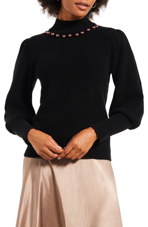 NIC+ZOE Twilight Embellished Puff Shoulder Mock Neck Sweater in Black Onyx